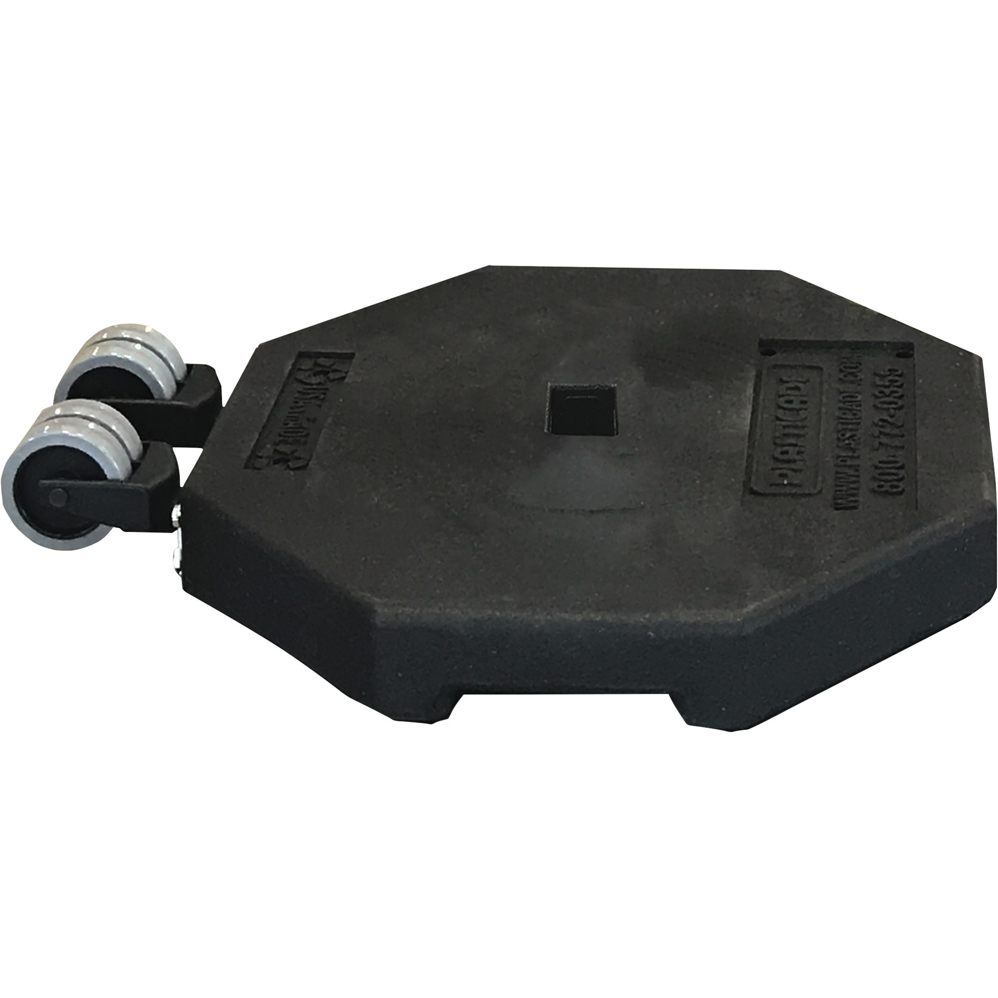 Plasticade 30-Lb. Rubber Sign Base with Wheels, 1 3/4in. x 1 3/4in. Hole for Square Post, Model# 800-RB-30WHL-1PK